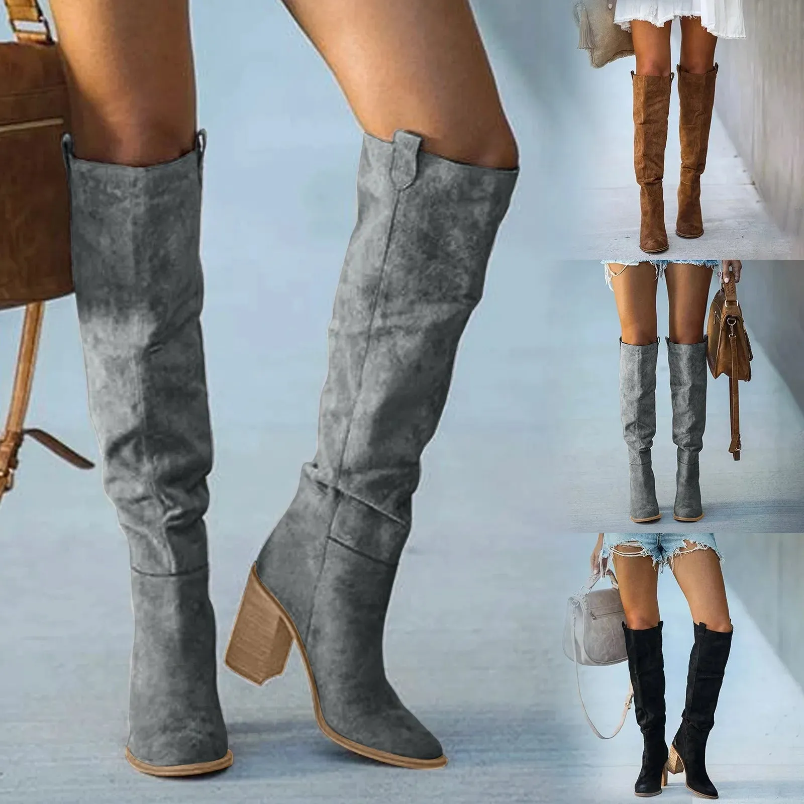 Women Fashion Casual Vintage Retro Long Knee-high Cowboy Boots Square Heel Shoes Boot Woman