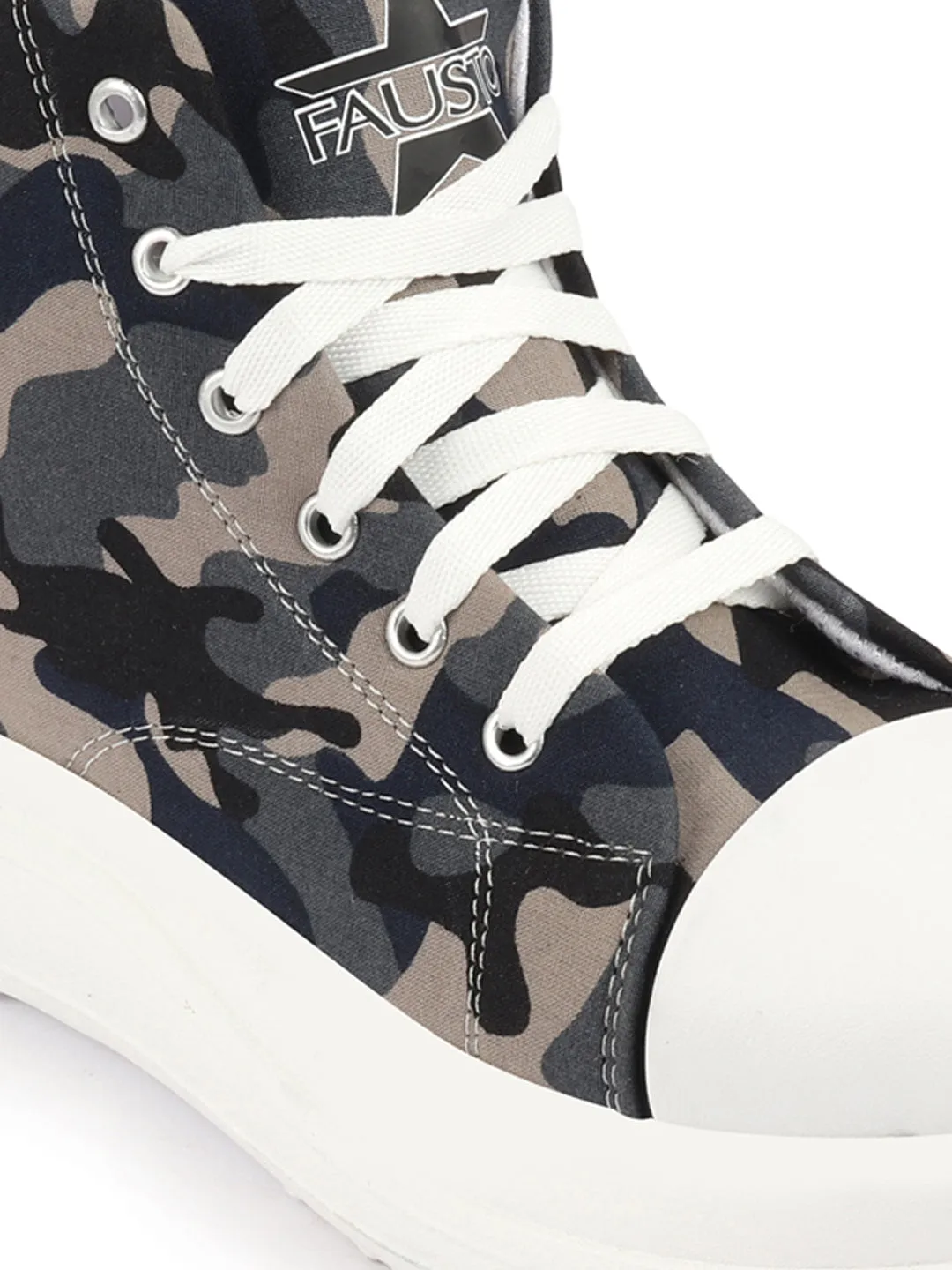 Women Grey High Ankle Top Wedge Heels Camouflage Print Canvas Lace Up Sneakers Shoes