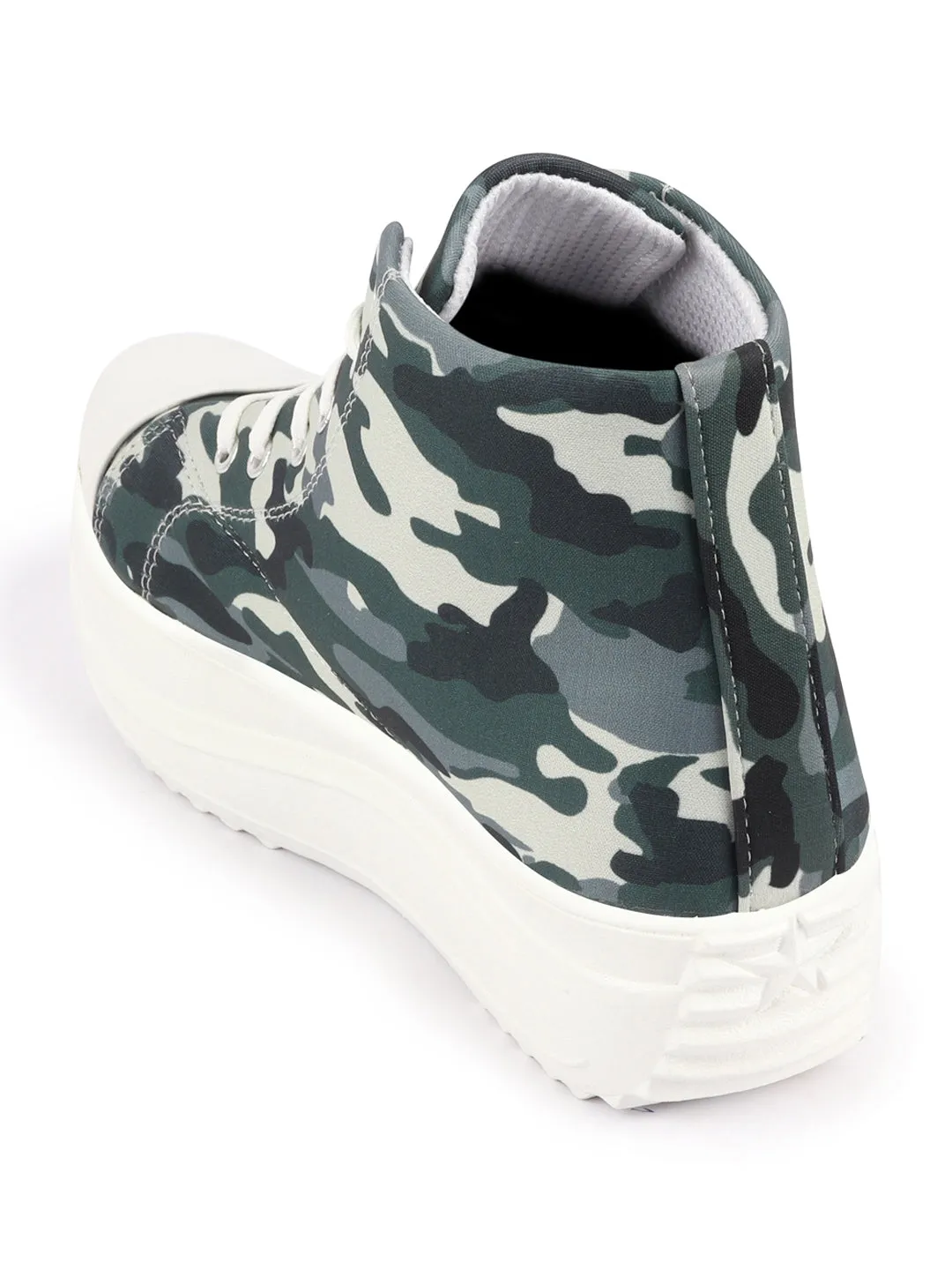 Women Military High Ankle Top Wedge Heels Camouflage Print Canvas Lace Up Sneakers Shoes