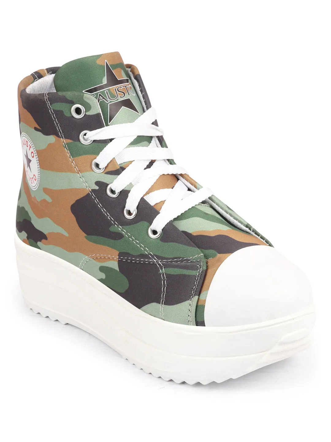 Women Olive Green High Ankle Top Wedge Heels Camouflage Print Canvas Lace Up Sneakers Shoes