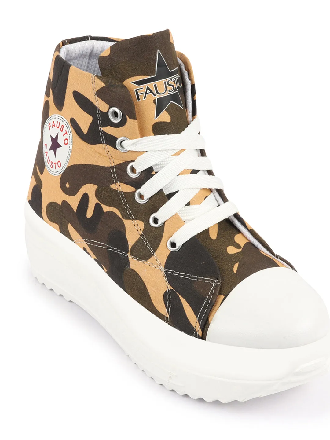 Women Tan High Ankle Top Wedge Heels Camouflage Print Canvas Lace Up Sneakers Shoes