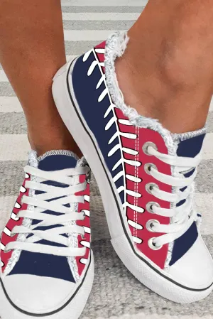 Women's Baseball Pattern Blue and Red Print Canvas Shoes Casual Lace Up Sneakers