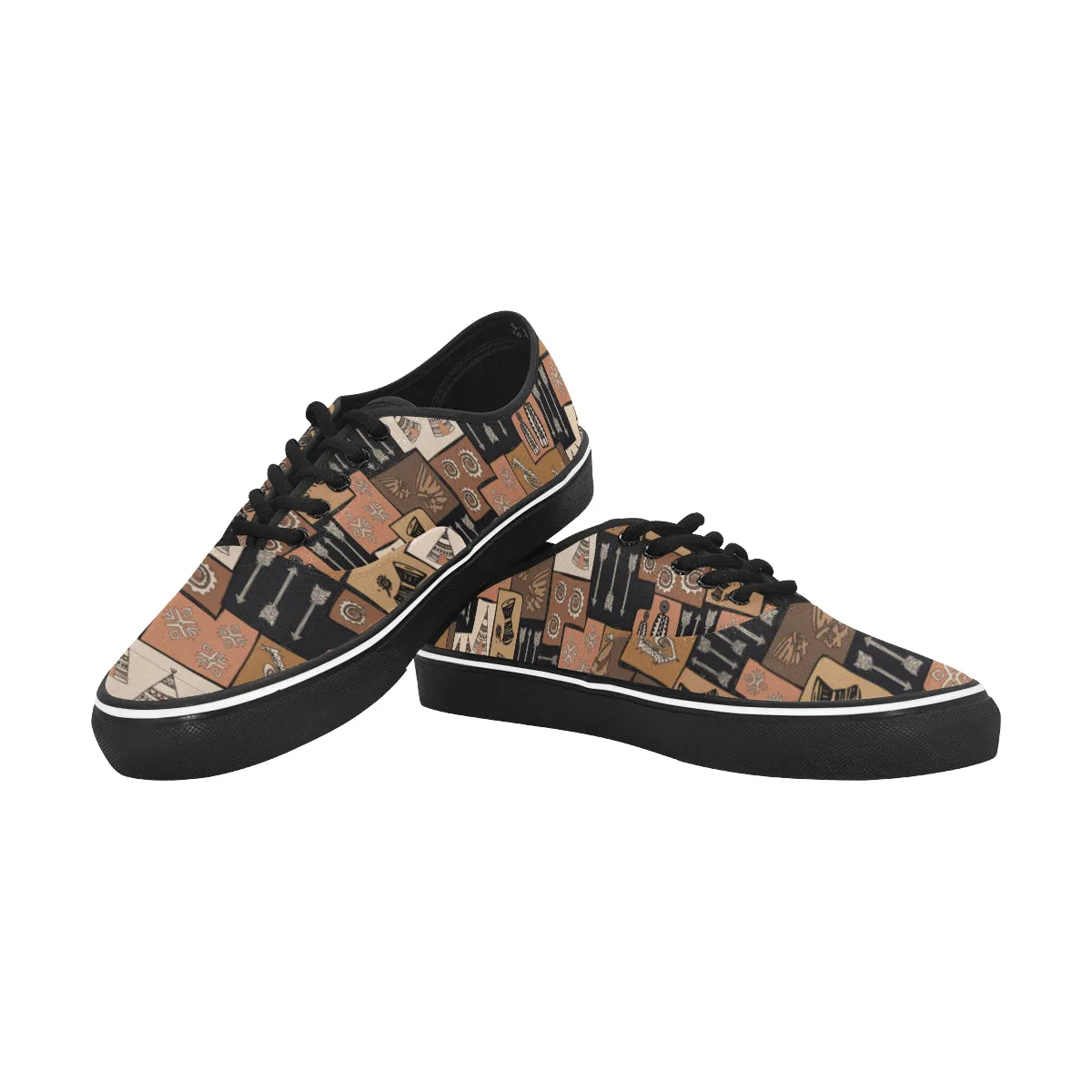 Women's Big Size Earthy Blocks Tribal Print Low Top Canvas Shoes