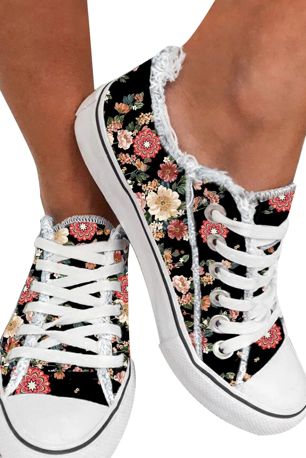 Women's Black Base Flowers Print Low Top Canvas Shoes Casual Walking Shoes