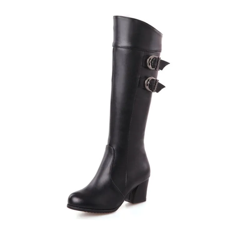 Women's block heels motorcycle boots with buckles under the knee boots