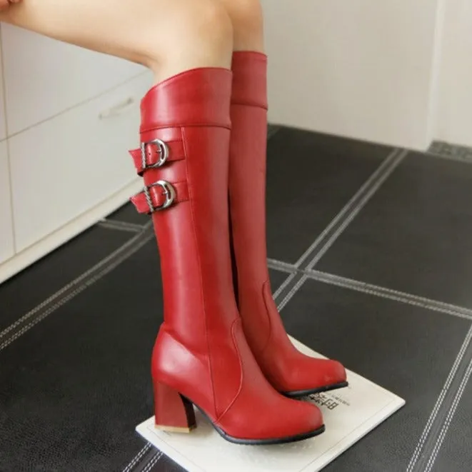 Women's block heels motorcycle boots with buckles under the knee boots