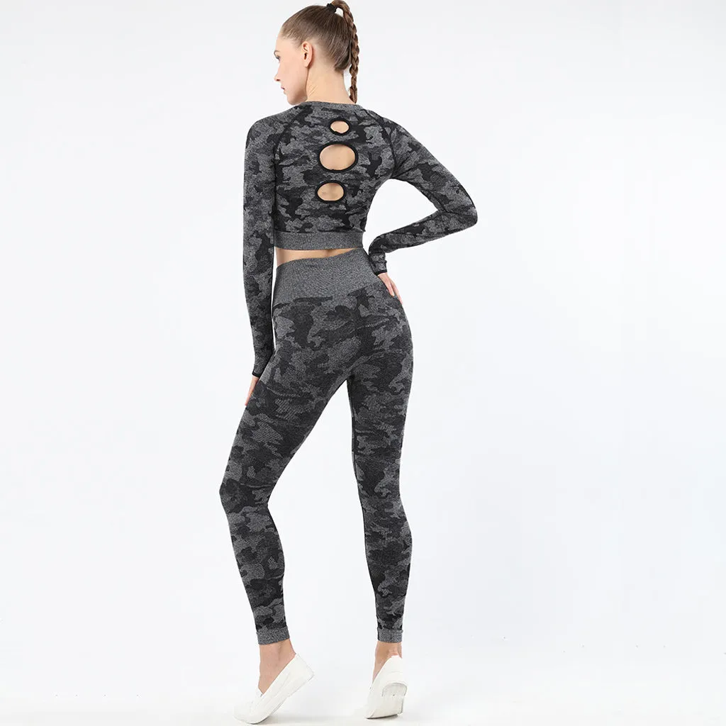 Womens camouflage Workout Tracksuit 2 Pieces Set  Hollow back High Waist Leggings and Long Sleeve Crop Top Yoga Activewear