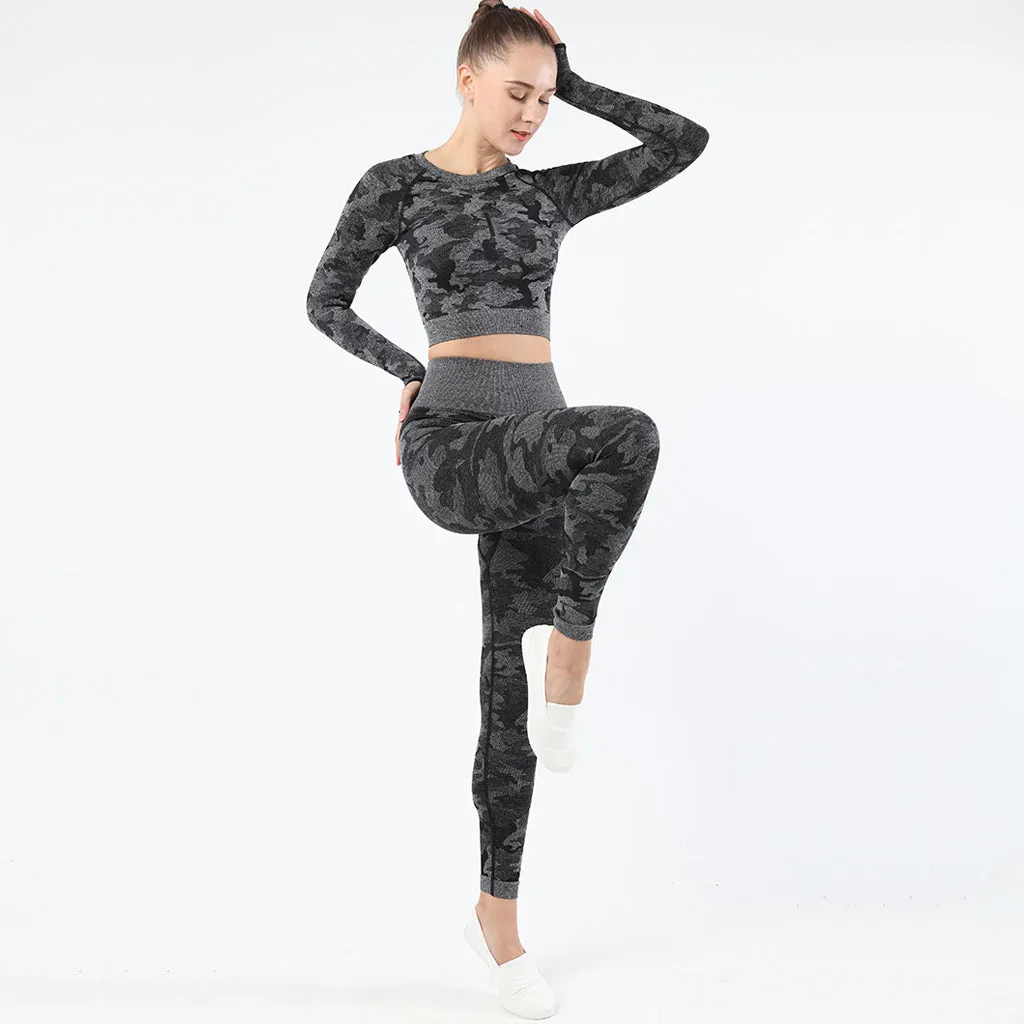 Womens camouflage Workout Tracksuit 2 Pieces Set  Hollow back High Waist Leggings and Long Sleeve Crop Top Yoga Activewear