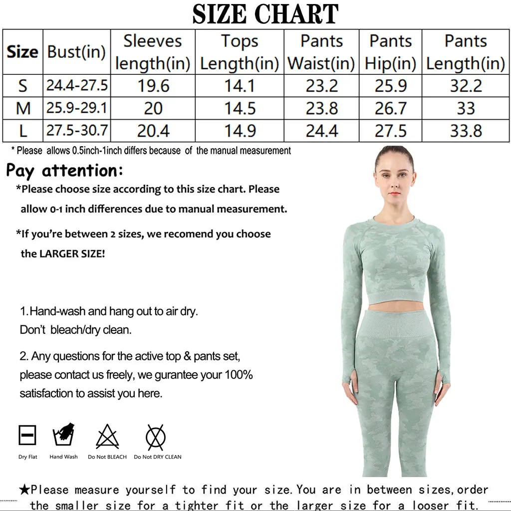 Womens camouflage Workout Tracksuit 2 Pieces Set  Hollow back High Waist Leggings and Long Sleeve Crop Top Yoga Activewear