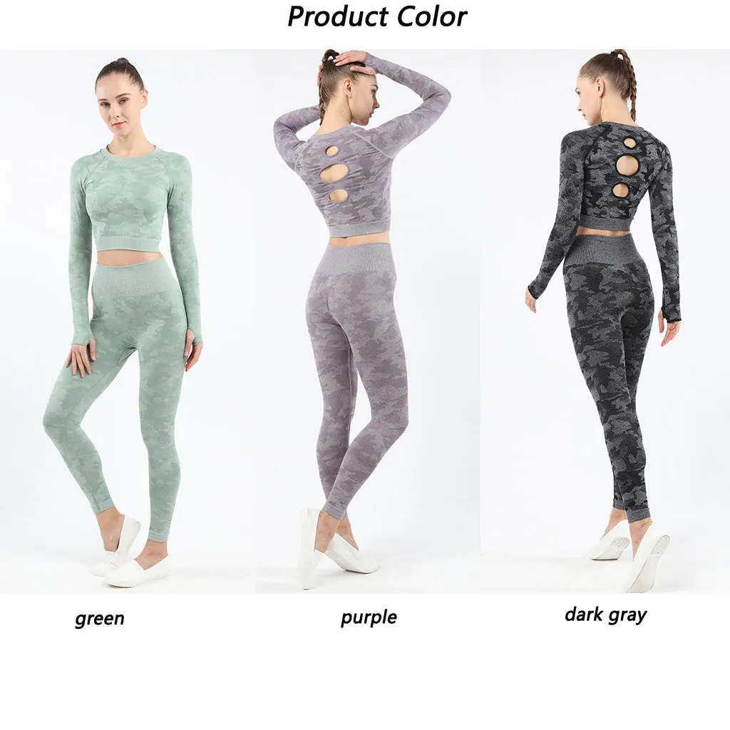 Womens camouflage Workout Tracksuit 2 Pieces Set  Hollow back High Waist Leggings and Long Sleeve Crop Top Yoga Activewear