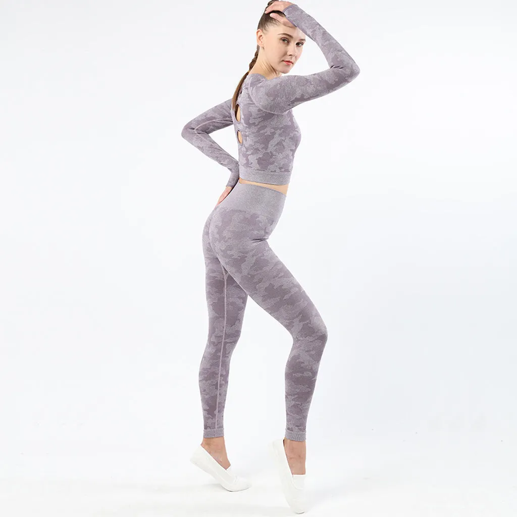 Womens camouflage Workout Tracksuit 2 Pieces Set  Hollow back High Waist Leggings and Long Sleeve Crop Top Yoga Activewear