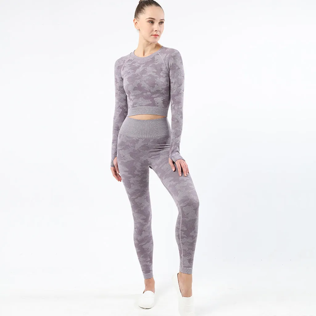 Womens camouflage Workout Tracksuit 2 Pieces Set  Hollow back High Waist Leggings and Long Sleeve Crop Top Yoga Activewear