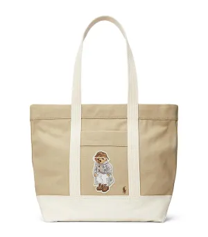 Women's Canvas Medium Polo Bear Tote Tan/Ecru