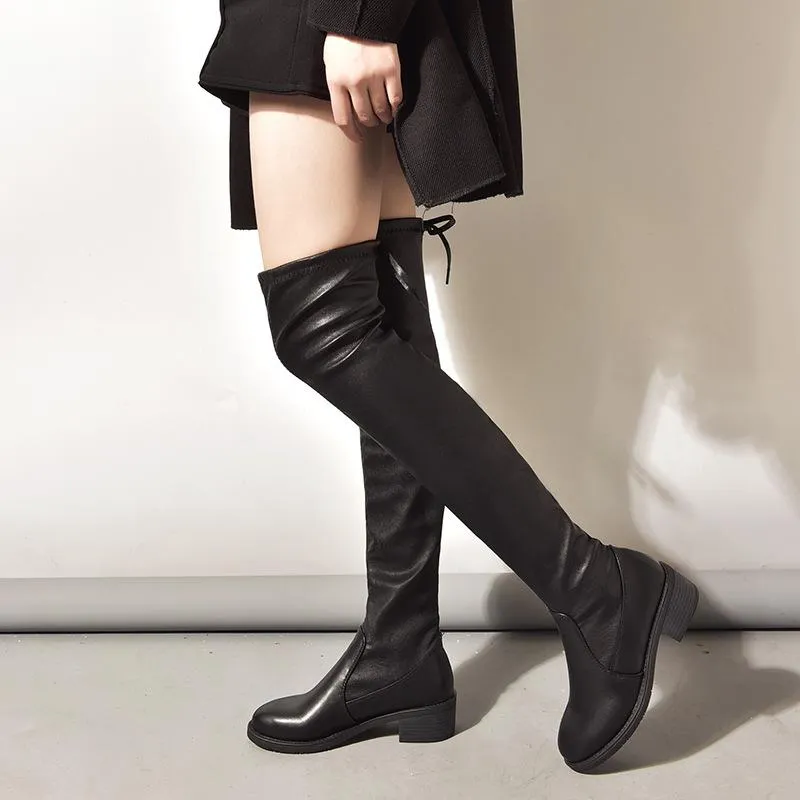 Women's elastic thigh high black boots plush lining knee high boots