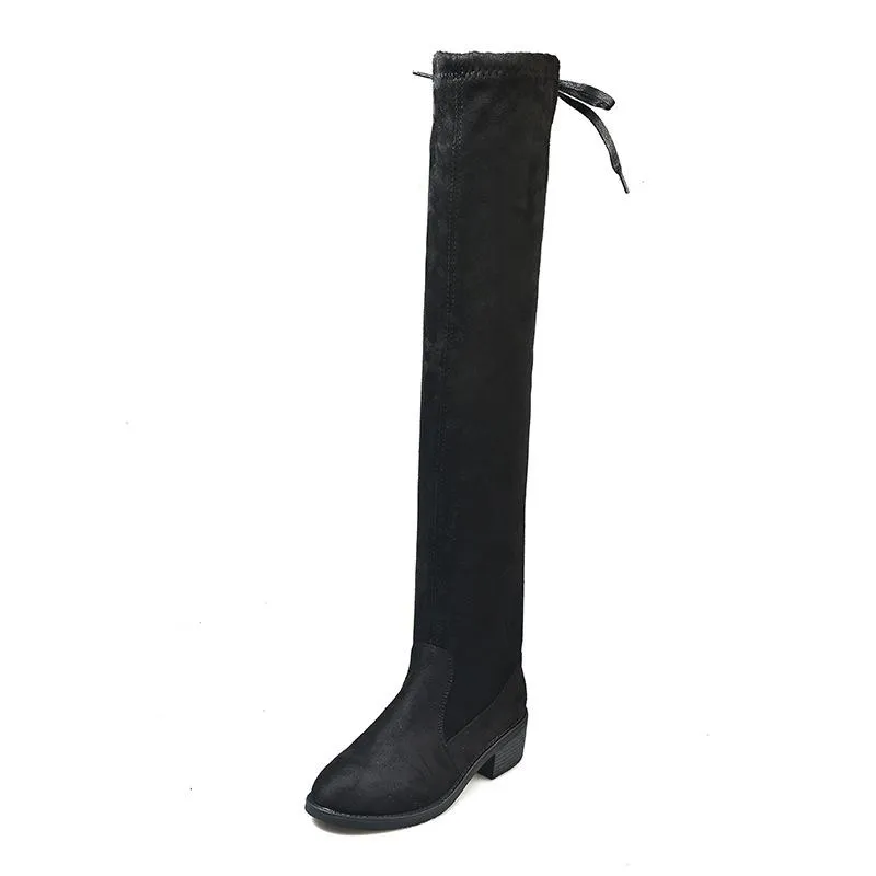 Women's elastic thigh high black boots plush lining knee high boots