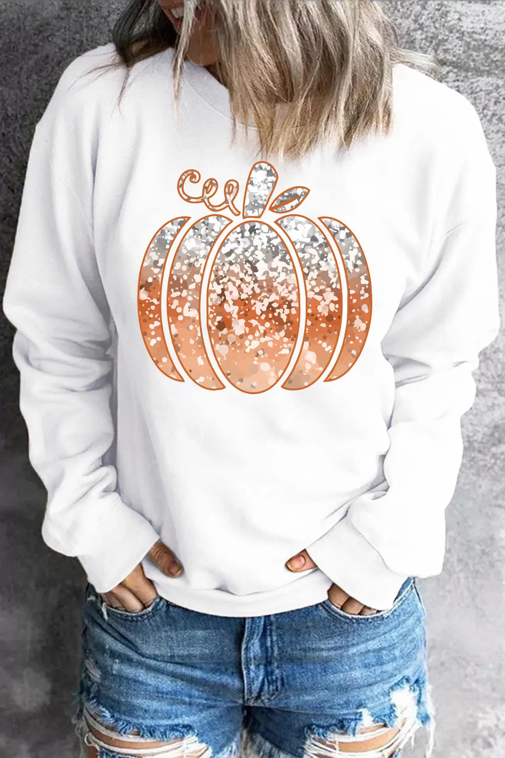 Women's Shiny Pumpkin Print Plain Crew Neck Sweatshirt